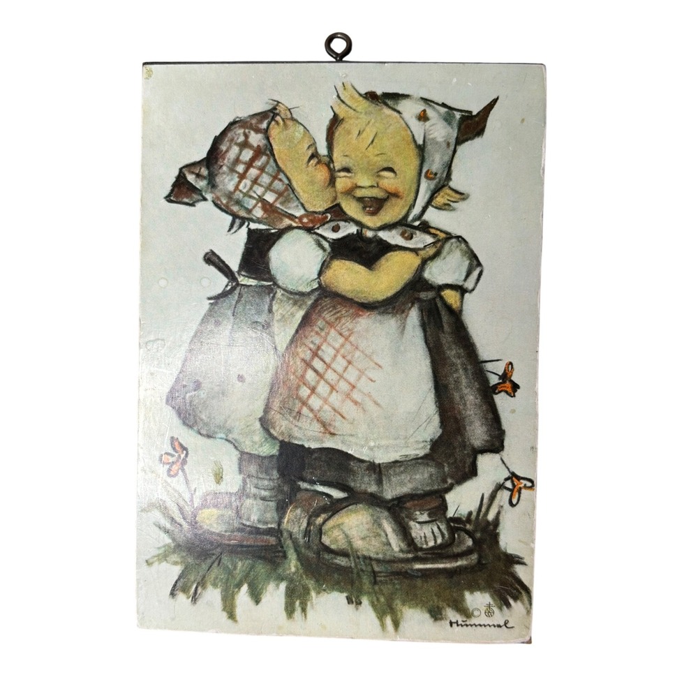 Vintage Hummel Wooden Wall Plaque Children Kissing German Folk Art Decor